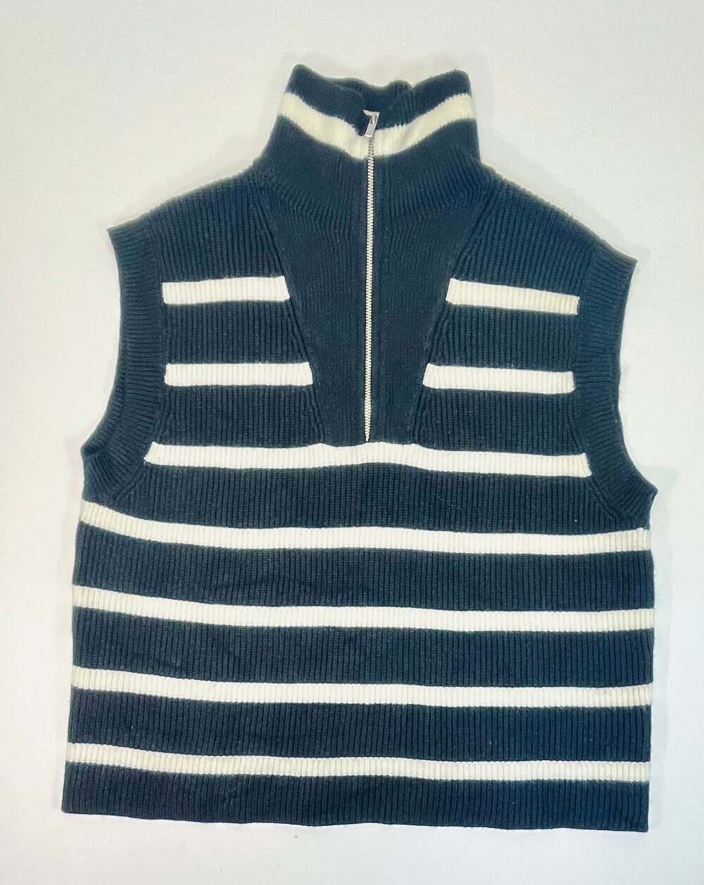 Mango MNG Striped Knitted Quarter-Zip Sweater Vest in Black and Ivory Women’s M